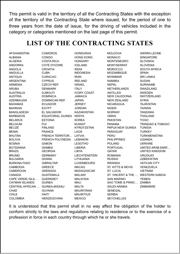 The inside cover of the booklet, listing the contracting states where the permit is recognised