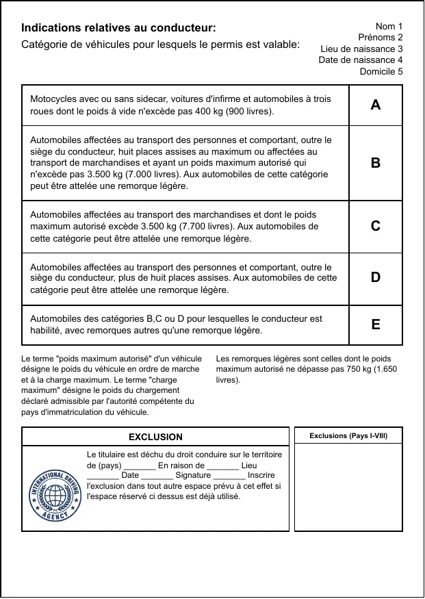 The French page of the International Driving Agency booklet, listing vehicle categories A to E