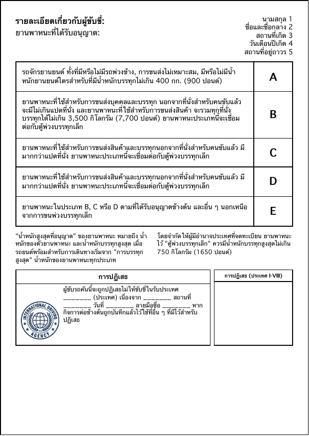 The Thai page of the International Driving Agency booklet, listing vehicle categories A to E