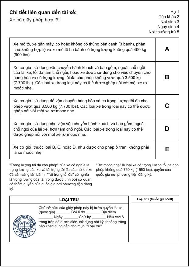The Vietnamese page of the International Driving Agency booklet, listing vehicle categories A to E
